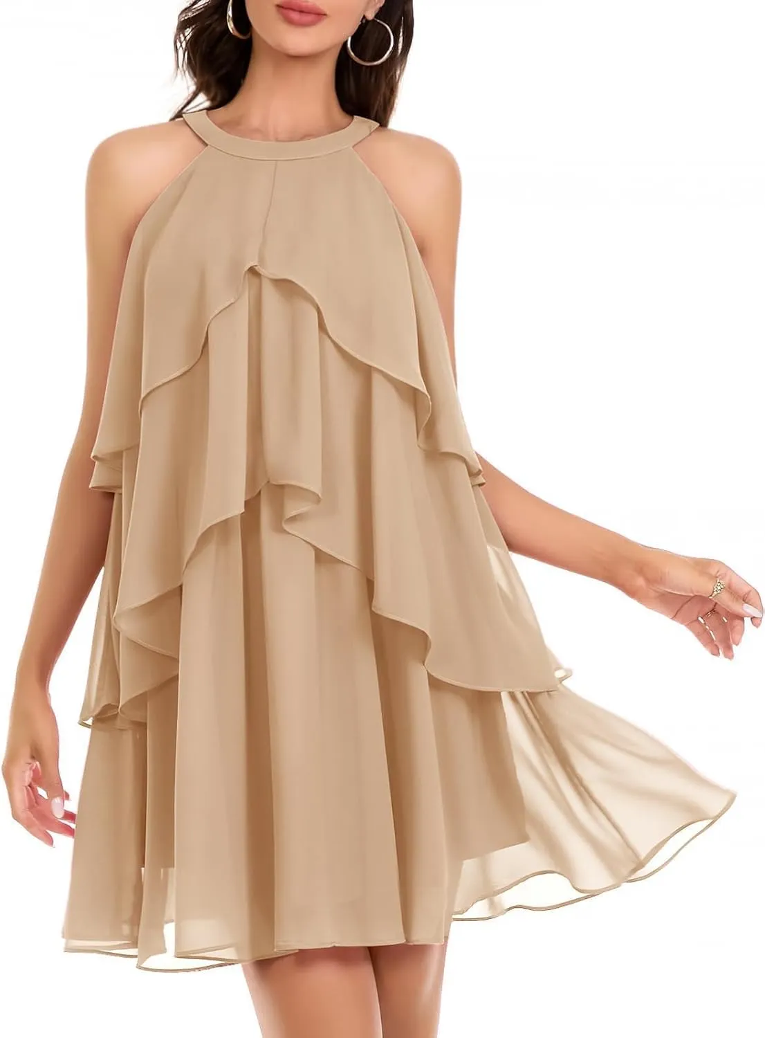 DRESSTELLS Women's Casual Halter Ruffle Tiered Dresses, Beach Wedding Cocktail Party Mini Sundress