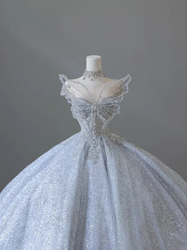 Fairytale Ball Gown Strapless Neckline Sequin Light Sky Blue Long Wedding Dresses Brides Dress SD1656