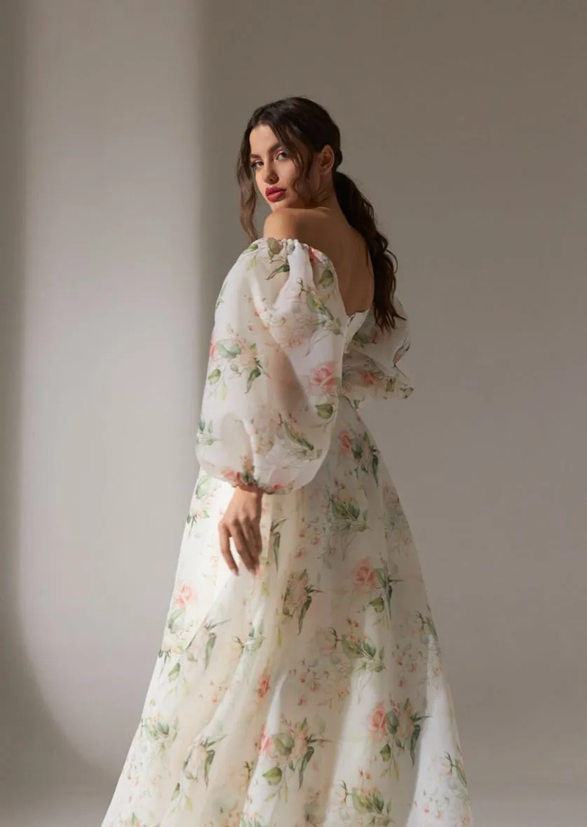 Floral Wedding Dress with Puff Sleeves