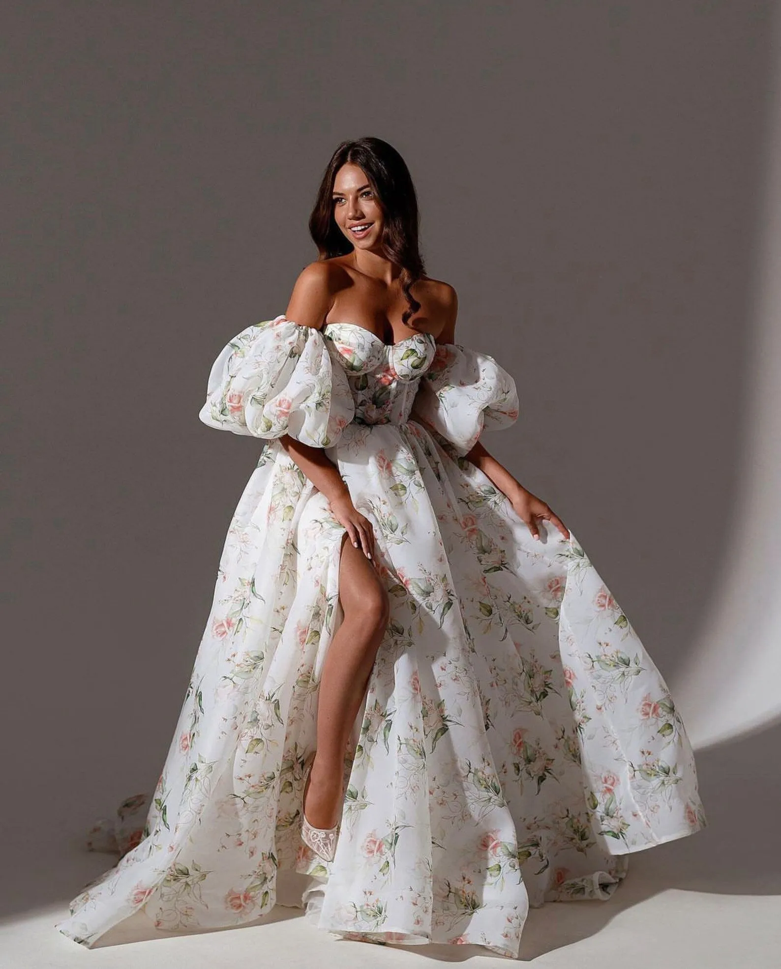 Floral Wedding Dress with Puff Sleeves