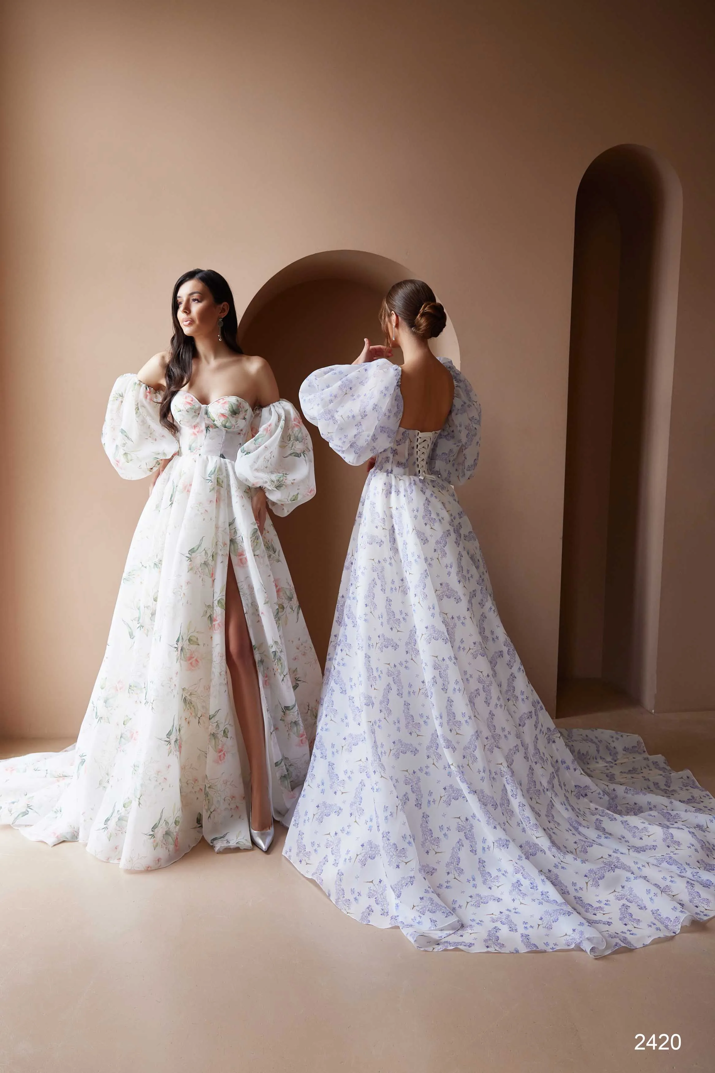 Floral Wedding Dress with Puff Sleeves