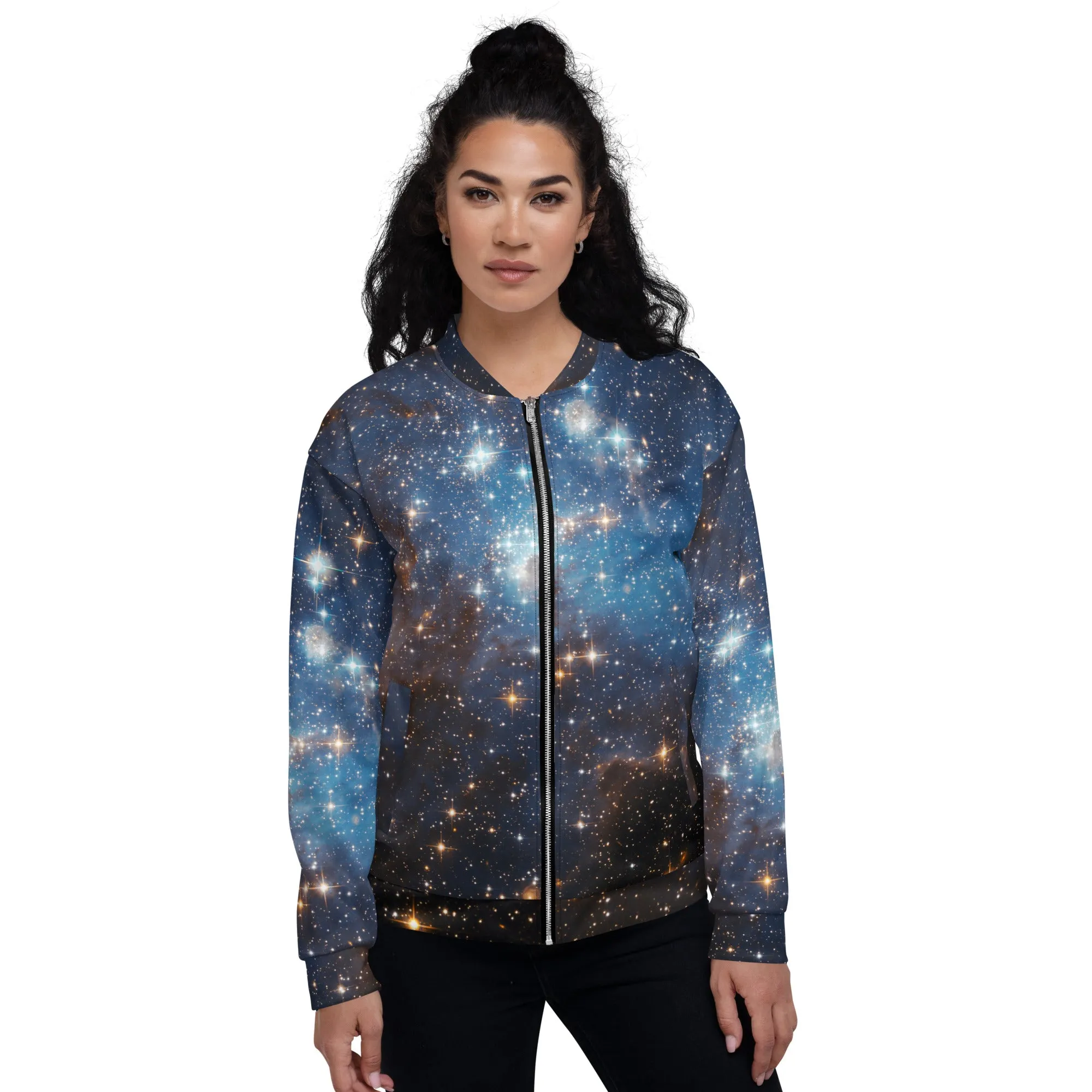 Galaxy Space Men Bomber Jacket, Universe Zip Up Streetwear Unisex Winter Vintage Flight Varsity Warm Designer Coat Outfit