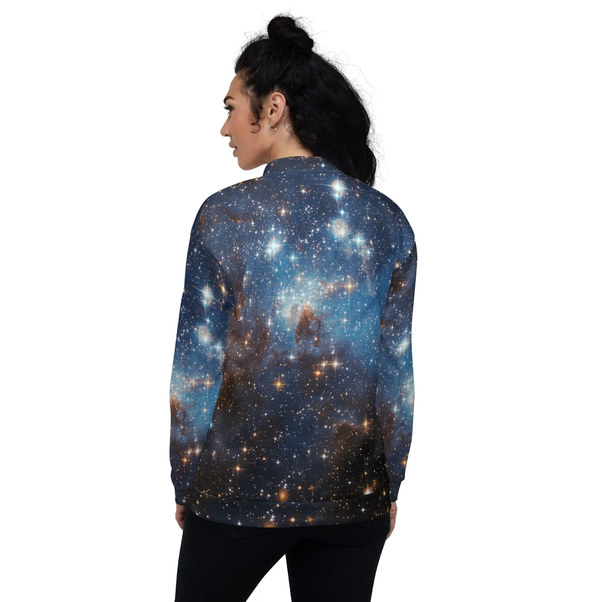 Galaxy Space Men Bomber Jacket, Universe Zip Up Streetwear Unisex Winter Vintage Flight Varsity Warm Designer Coat Outfit