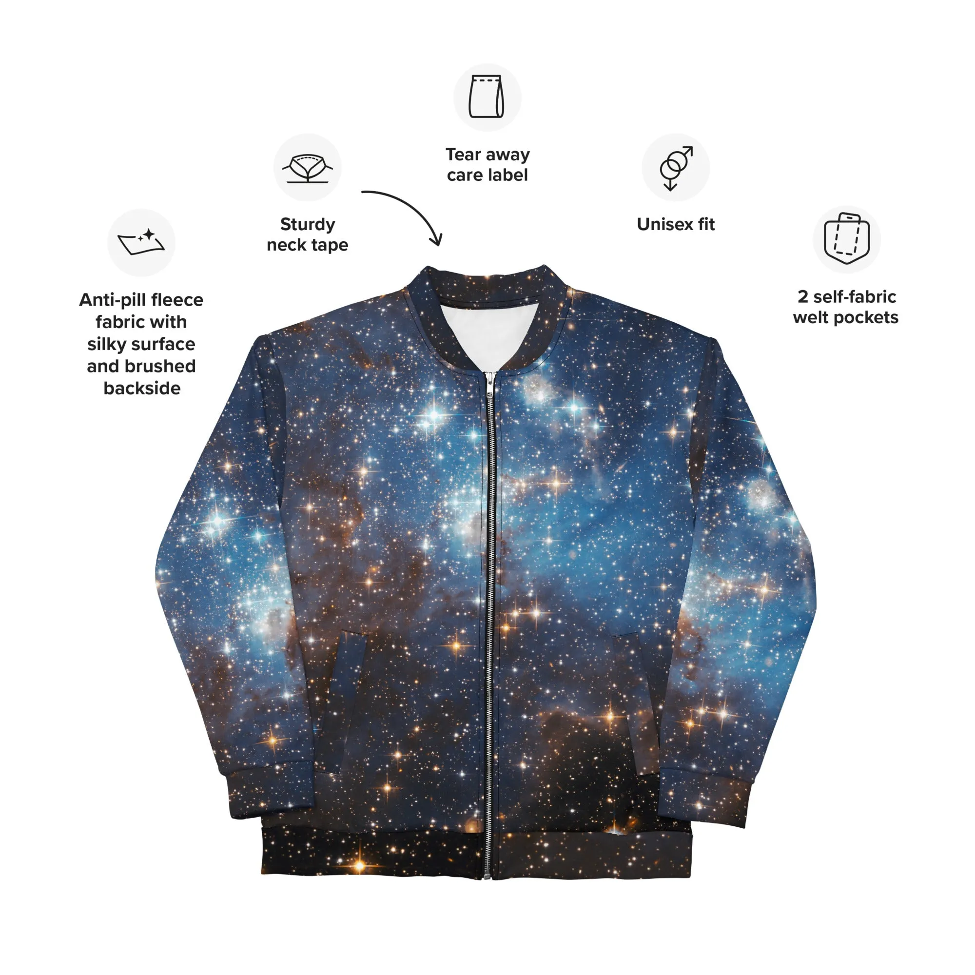 Galaxy Space Men Bomber Jacket, Universe Zip Up Streetwear Unisex Winter Vintage Flight Varsity Warm Designer Coat Outfit