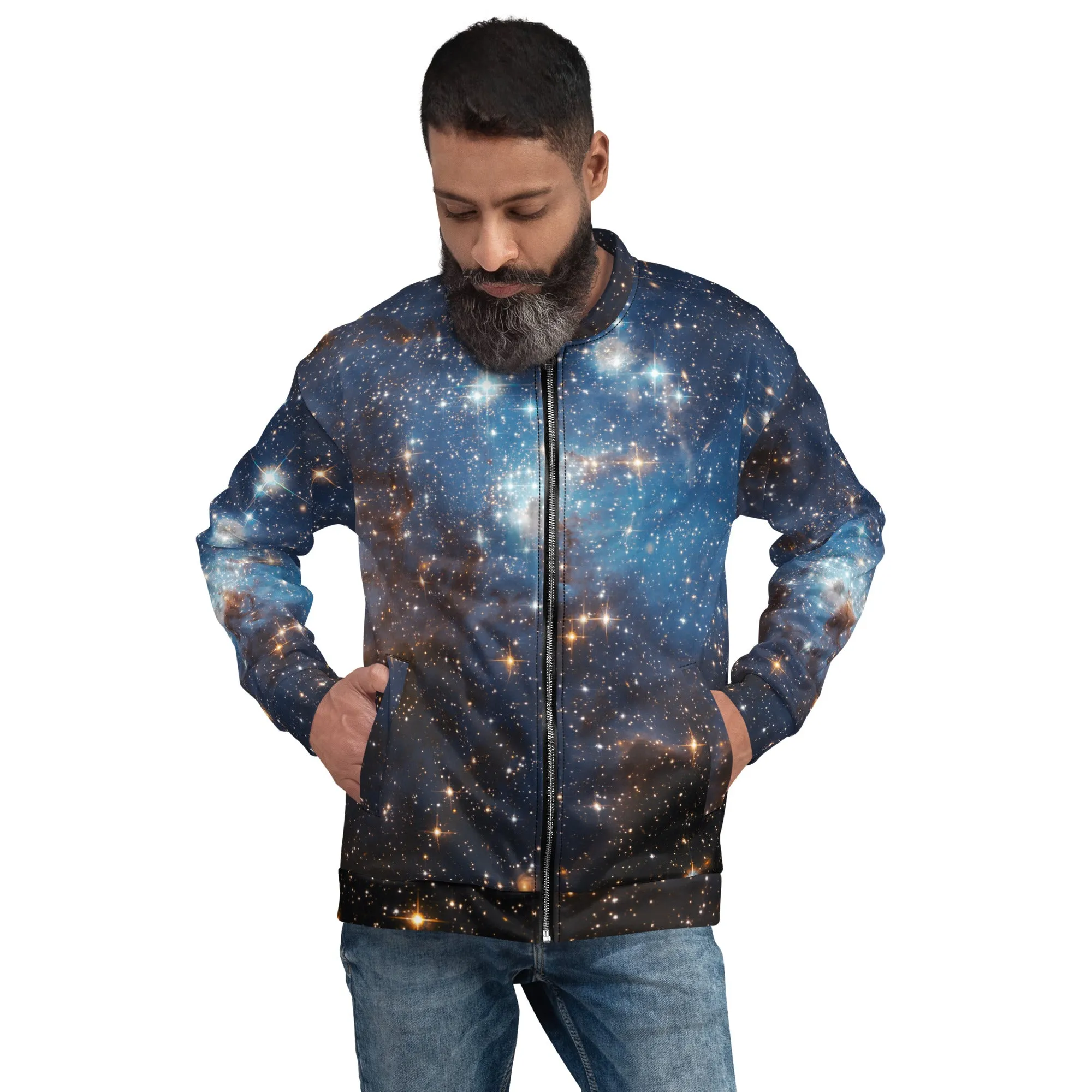 Galaxy Space Men Bomber Jacket, Universe Zip Up Streetwear Unisex Winter Vintage Flight Varsity Warm Designer Coat Outfit