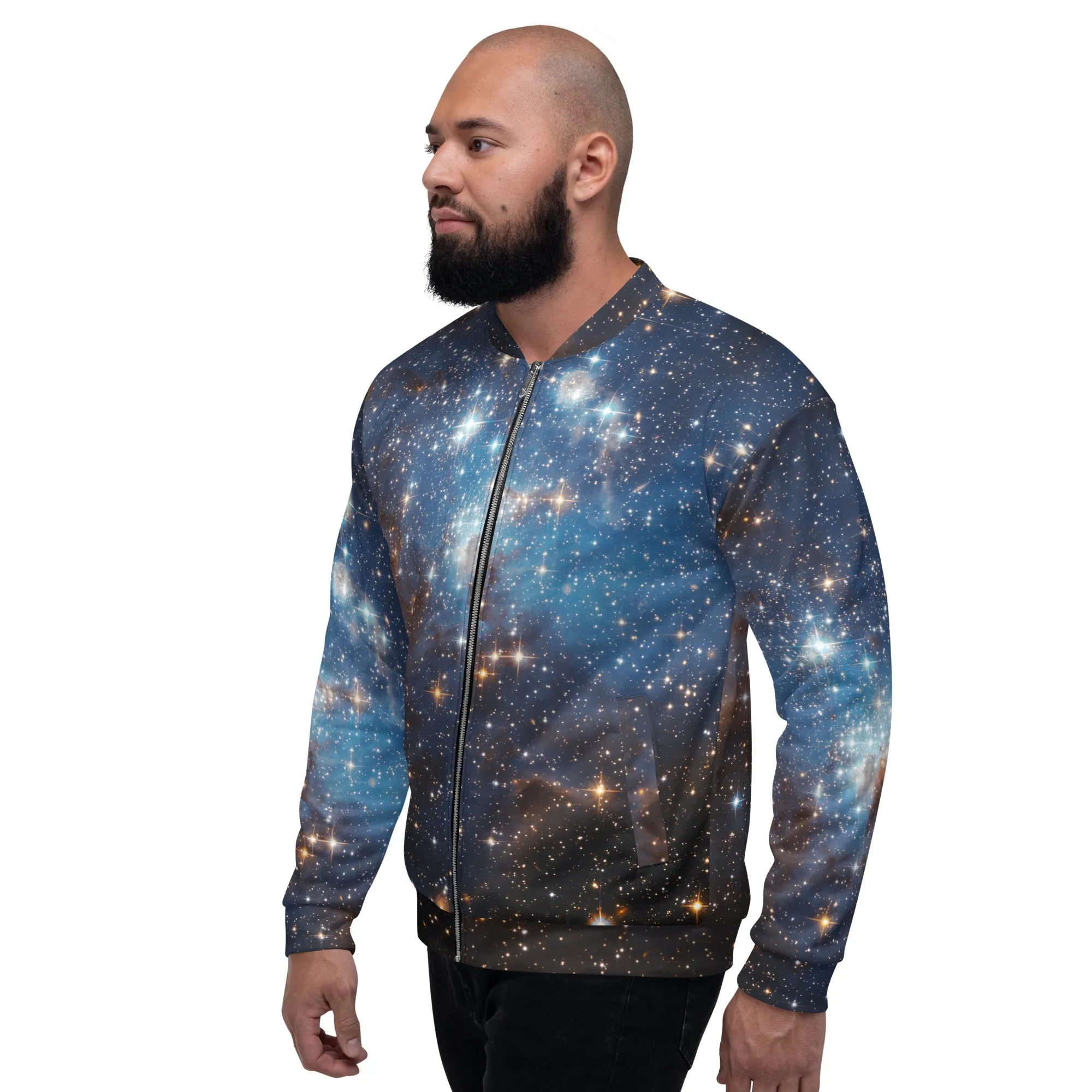 Galaxy Space Men Bomber Jacket, Universe Zip Up Streetwear Unisex Winter Vintage Flight Varsity Warm Designer Coat Outfit