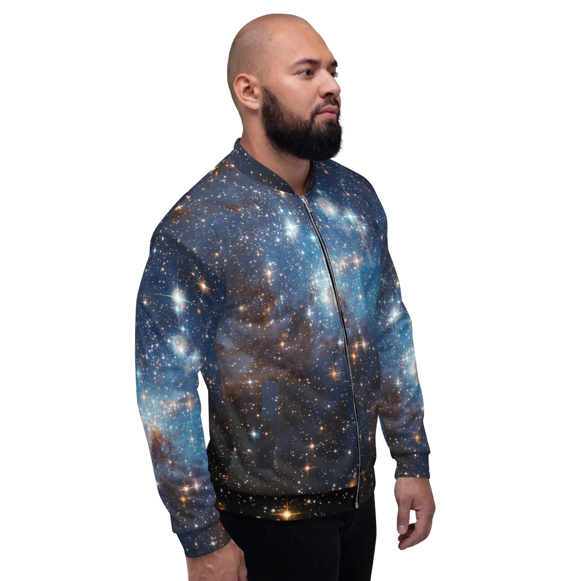 Galaxy Space Men Bomber Jacket, Universe Zip Up Streetwear Unisex Winter Vintage Flight Varsity Warm Designer Coat Outfit