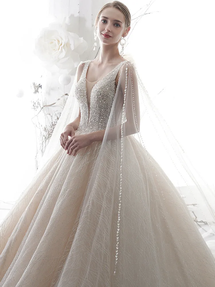 Glitter Light Champagne Plunge V Neck Sleeveless Ball Gown Wedding Dress