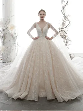 Glitter Light Champagne Plunge V Neck Sleeveless Ball Gown Wedding Dress