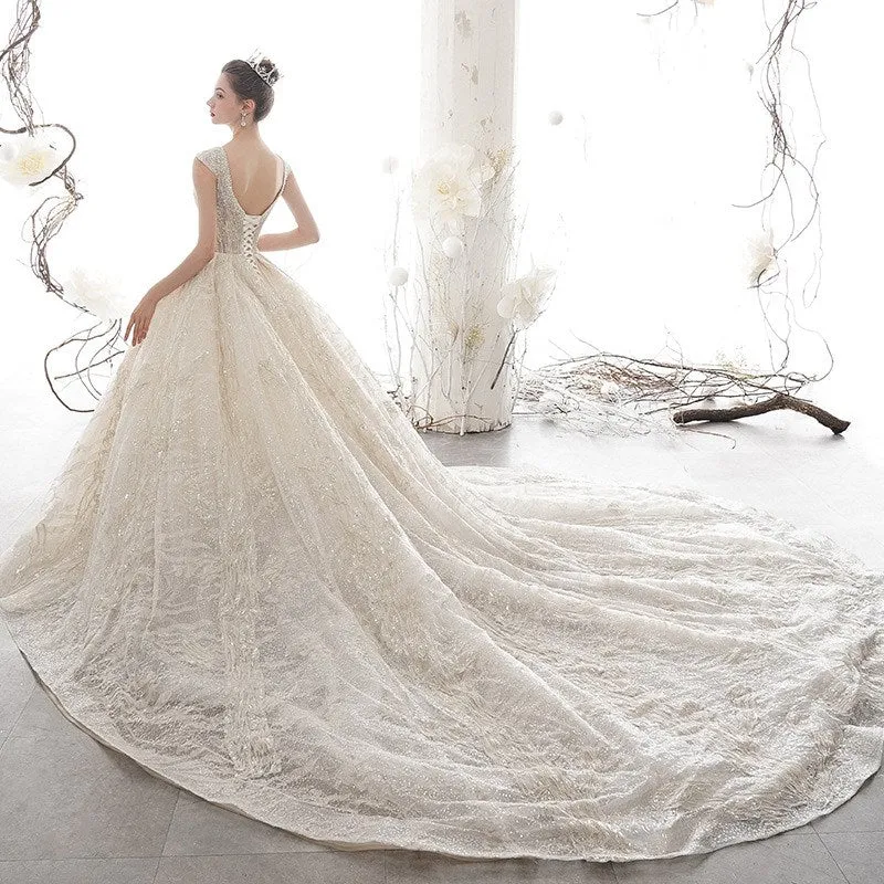 Glitter Light Champagne Plunge V Neck Sleeveless Ball Gown Wedding Dress