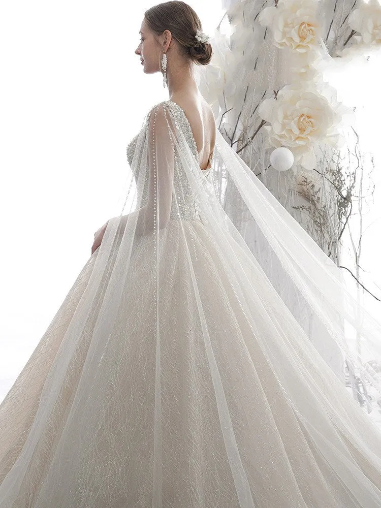 Glitter Light Champagne Plunge V Neck Sleeveless Ball Gown Wedding Dress