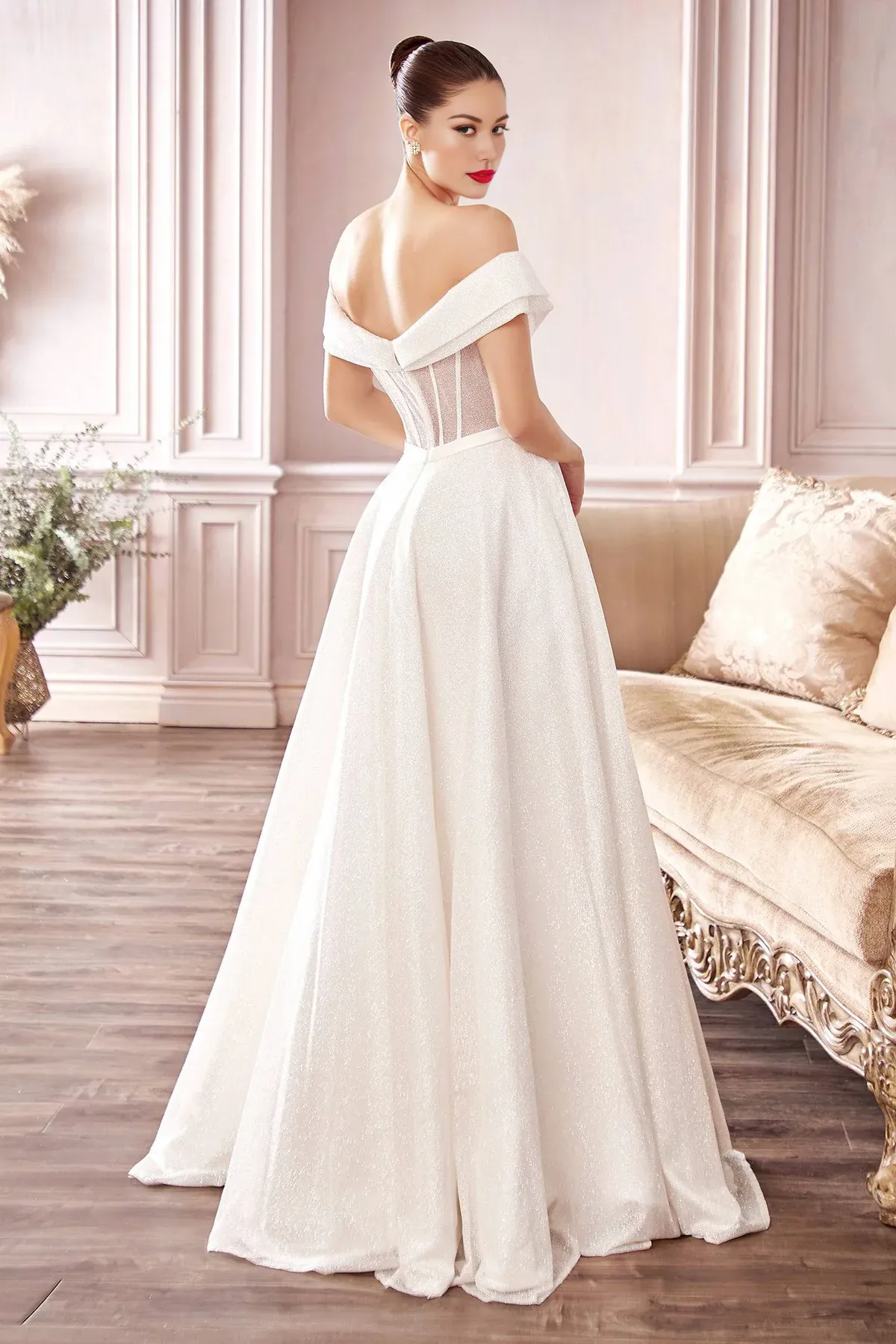 Glittering Off Shoulder Long Ball Gown Wedding Dress With Slit