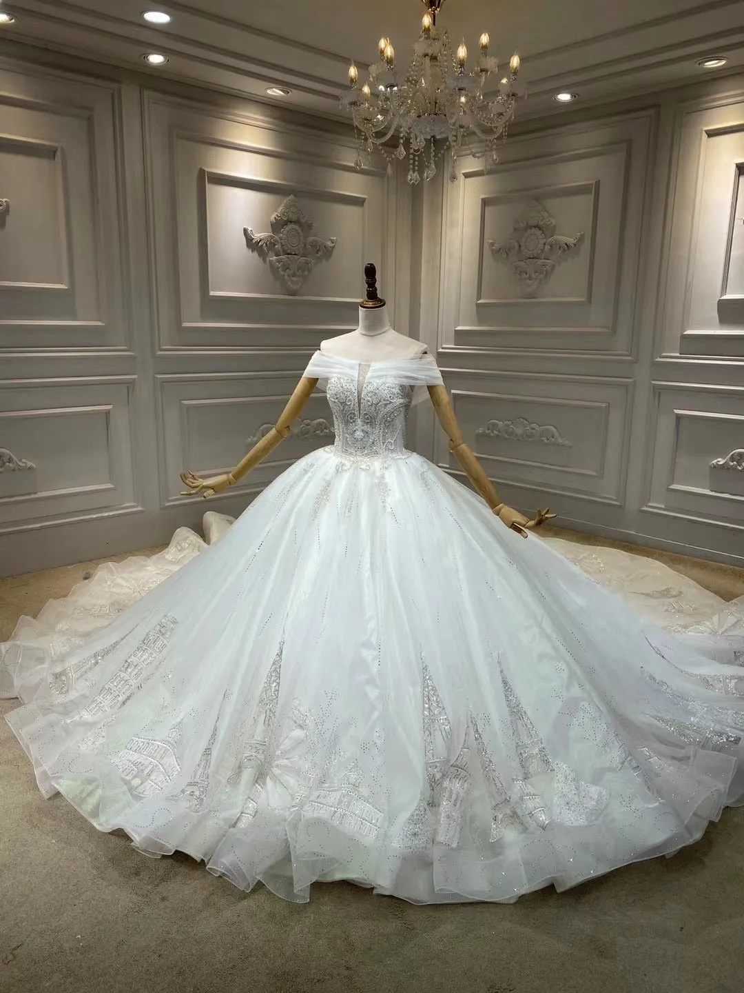 Gorgeous off shoulder crystals beads glitter sparkling ball gown princess style wedding dress 2021#112203