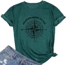 Graphic T-Shirts for Women Hiking Camping Trip Compass Printed Vintage Summer Casual Tees Holiday Workout Tops