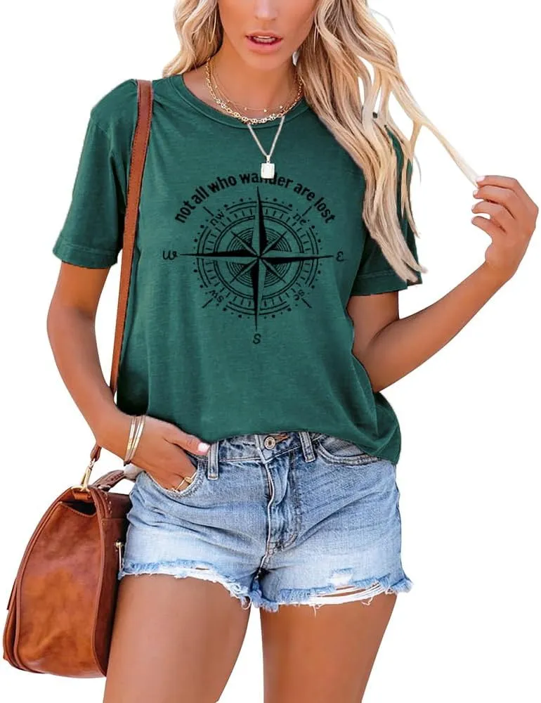 Graphic T-Shirts for Women Hiking Camping Trip Compass Printed Vintage Summer Casual Tees Holiday Workout Tops