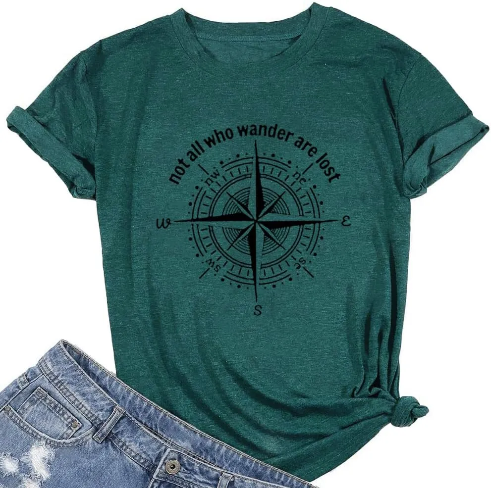 Graphic T-Shirts for Women Hiking Camping Trip Compass Printed Vintage Summer Casual Tees Holiday Workout Tops