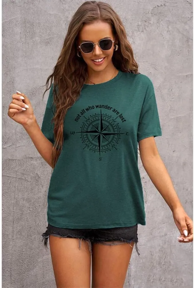 Graphic T-Shirts for Women Hiking Camping Trip Compass Printed Vintage Summer Casual Tees Holiday Workout Tops