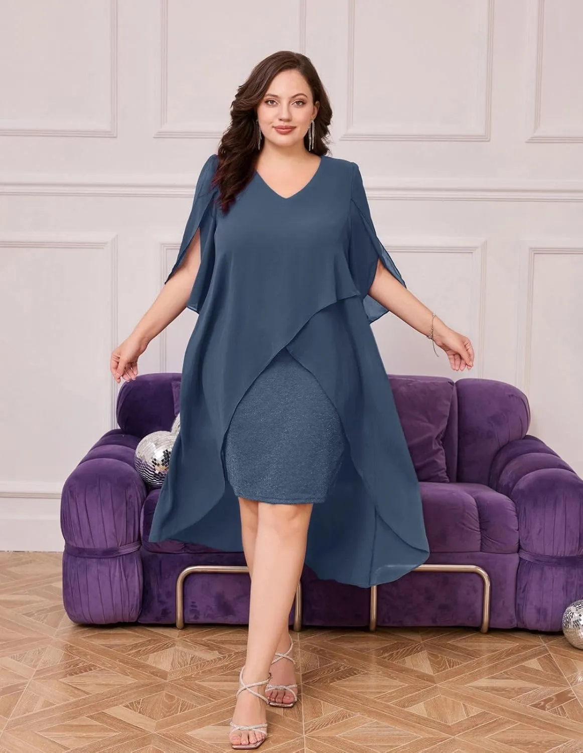 Hanna Nikole Womens Plus Size Chiffon Cocktail Dress Ruffle 3/4 Sleeve Wedding Guest Party Dresses with High Low Hem