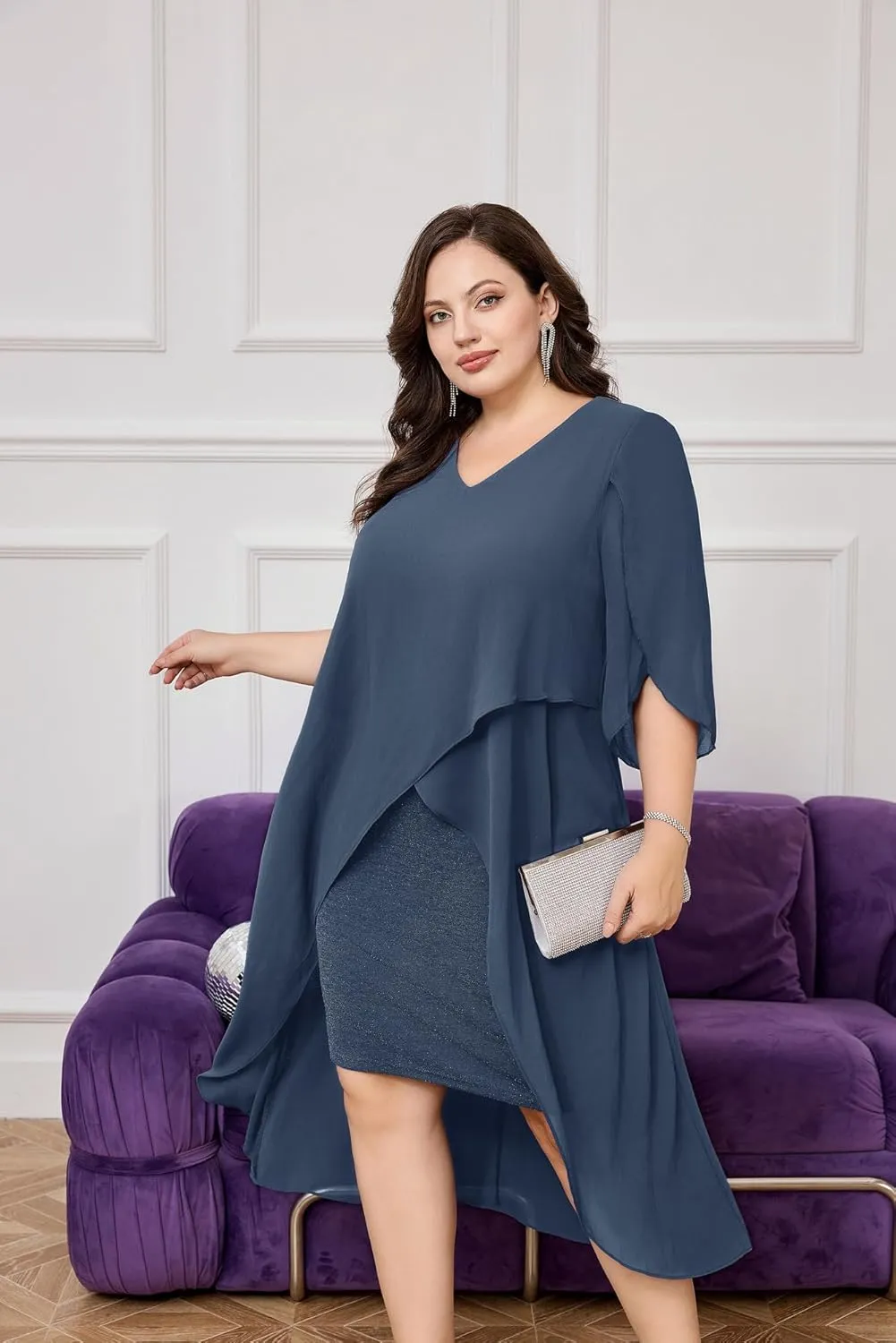 Hanna Nikole Womens Plus Size Chiffon Cocktail Dress Ruffle 3/4 Sleeve Wedding Guest Party Dresses with High Low Hem