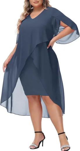 Hanna Nikole Womens Plus Size Chiffon Cocktail Dress Ruffle 3/4 Sleeve Wedding Guest Party Dresses with High Low Hem