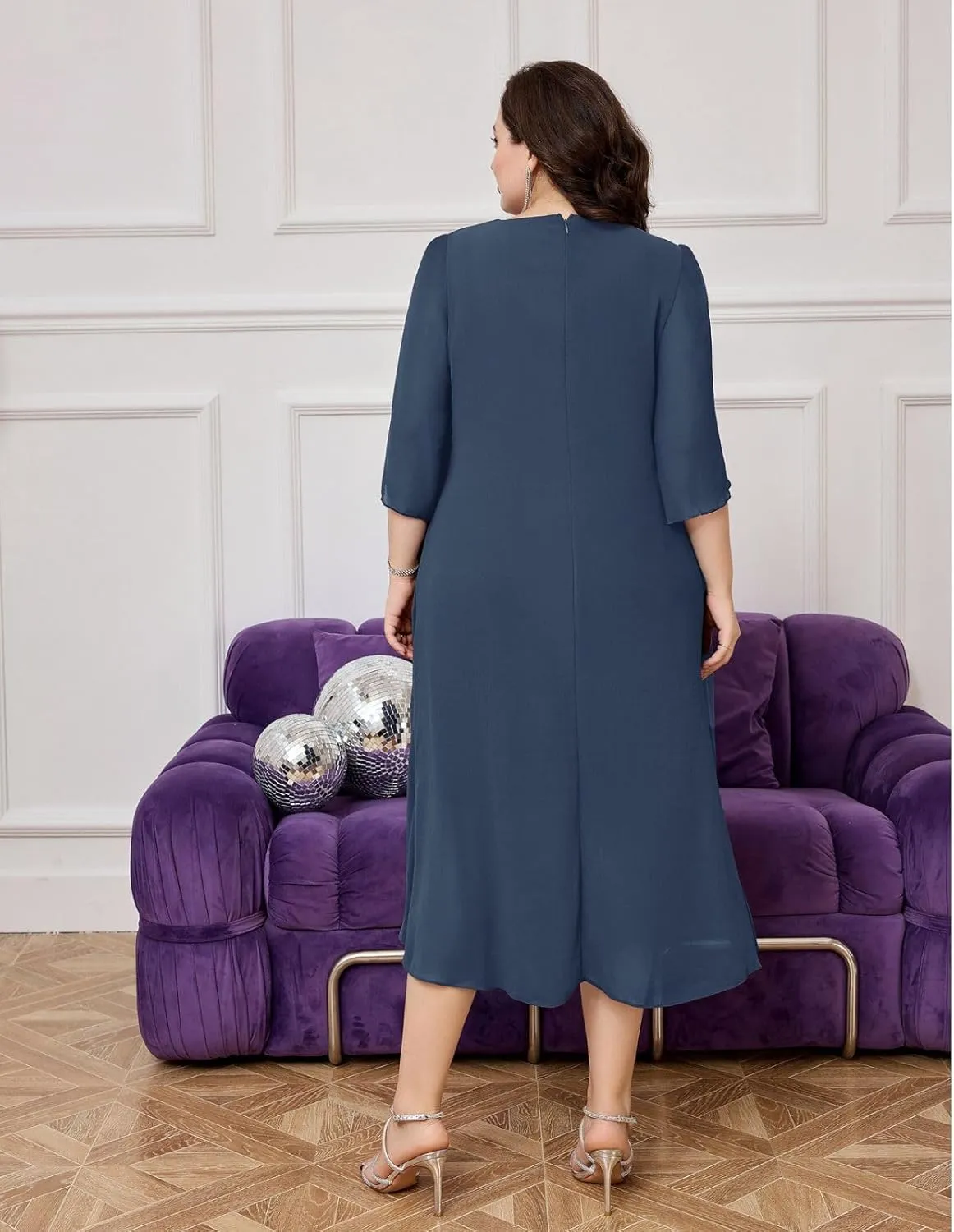 Hanna Nikole Womens Plus Size Chiffon Cocktail Dress Ruffle 3/4 Sleeve Wedding Guest Party Dresses with High Low Hem