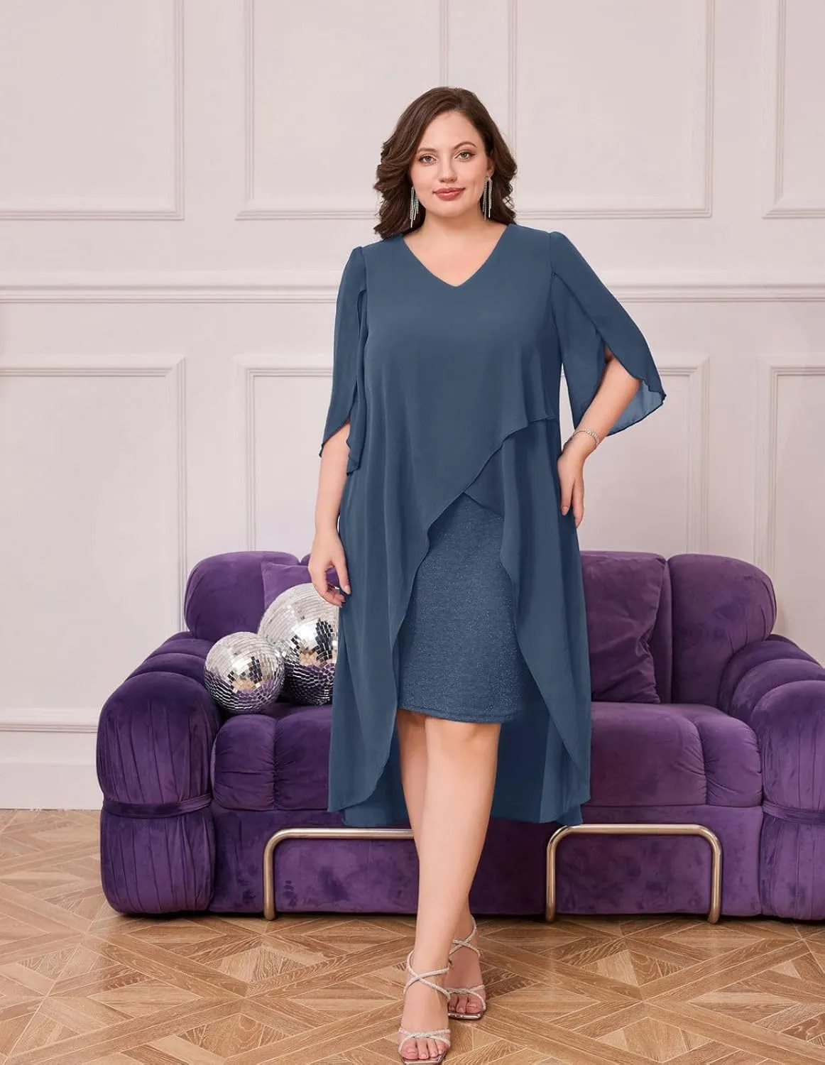 Hanna Nikole Womens Plus Size Chiffon Cocktail Dress Ruffle 3/4 Sleeve Wedding Guest Party Dresses with High Low Hem