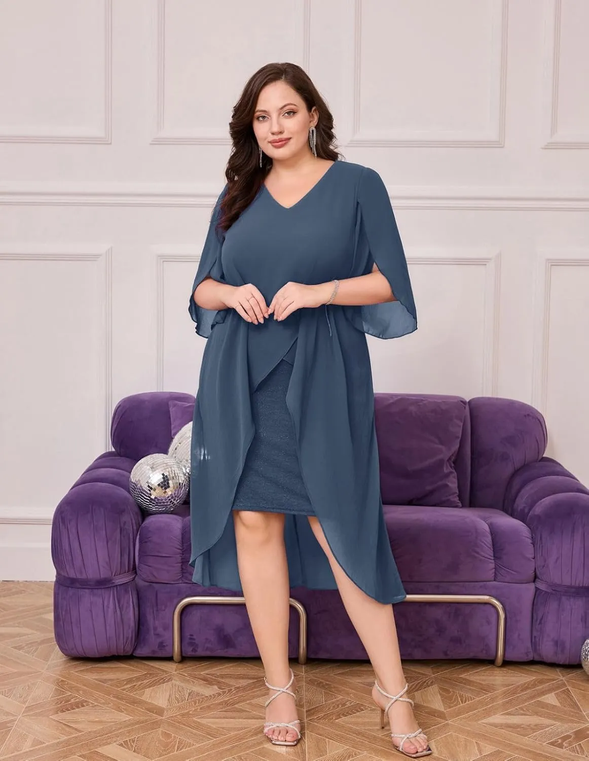 Hanna Nikole Womens Plus Size Chiffon Cocktail Dress Ruffle 3/4 Sleeve Wedding Guest Party Dresses with High Low Hem