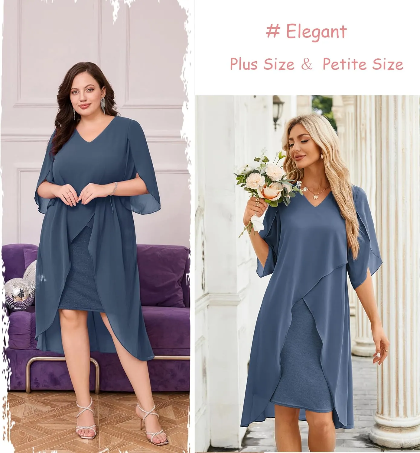 Hanna Nikole Womens Plus Size Chiffon Cocktail Dress Ruffle 3/4 Sleeve Wedding Guest Party Dresses with High Low Hem