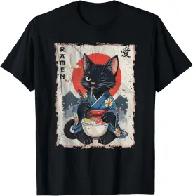 Japanese Funny Cat Ramen Graphic Cat Anime T-Shirt