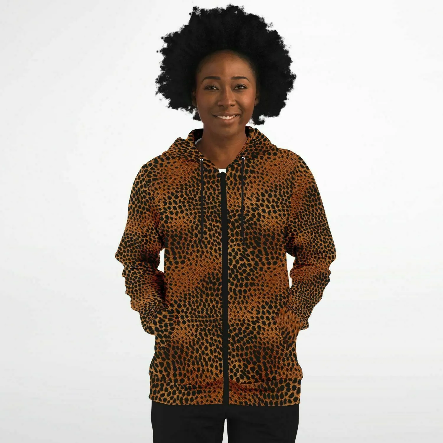 Leopard Print Zip Up Hoodie, Animal Cheetah Full Zipper Pocket Men Women Unisex Adult Aesthetic Graphic Cotton Fleece Hooded Sweatshirt