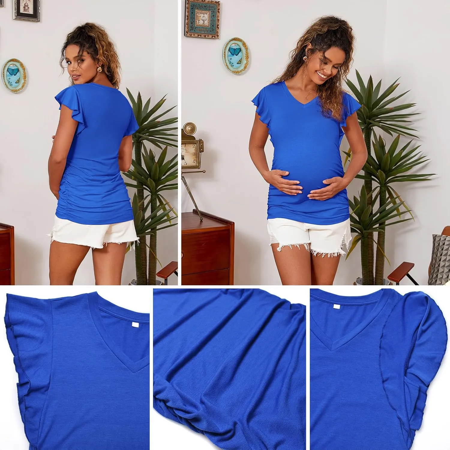 Maternity Pregnancy V Neck Fly Short Sleeve Stylish T Shirt Pregnant Side Ruched Top Shirt
