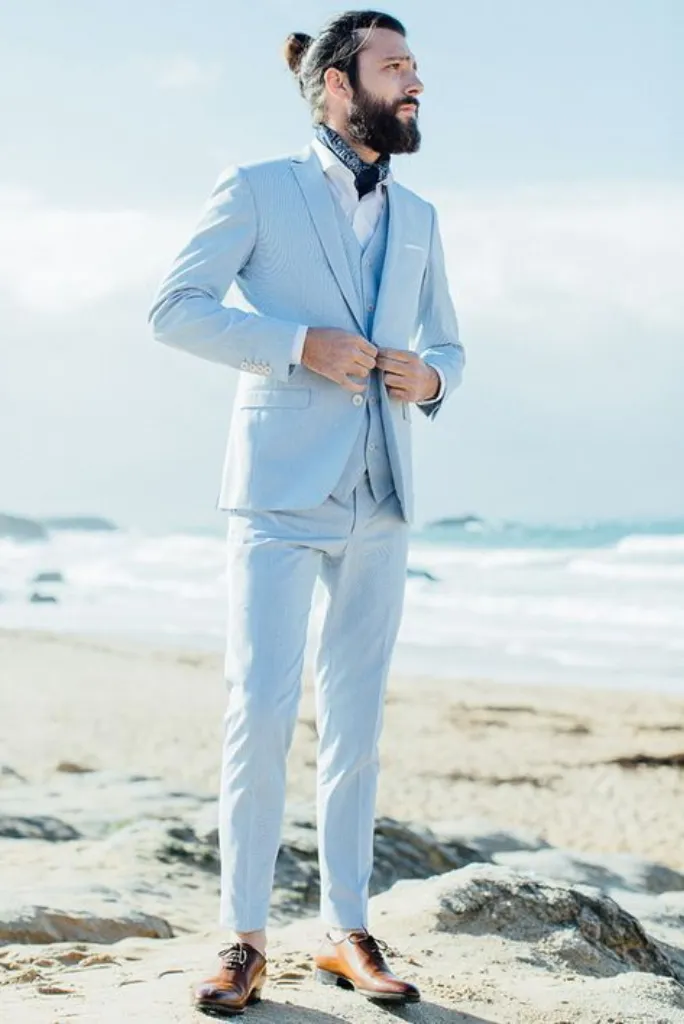 Men sky blue three piece suit for wedding
