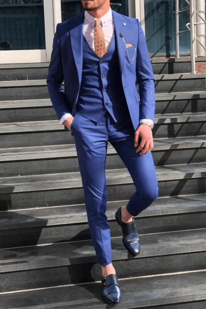 Men's Blue 3 Piece Slim Fit Suit with Pick Stitching Bespoke Tailoring wedding Suits