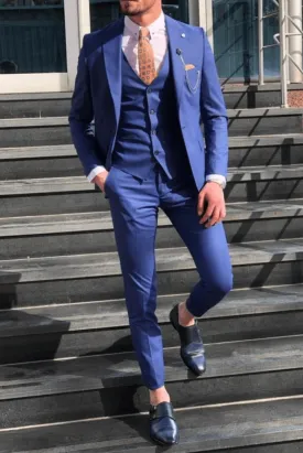 Men's Blue 3 Piece Slim Fit Suit with Pick Stitching Bespoke Tailoring wedding Suits