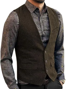 Men's Herringbone Tweed Wool Suit Vest Single Breasted Slim Fit Waistcoat Vest