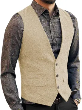 Men's Herringbone Tweed Wool Suit Vest Single Breasted Slim Fit Waistcoat Vest