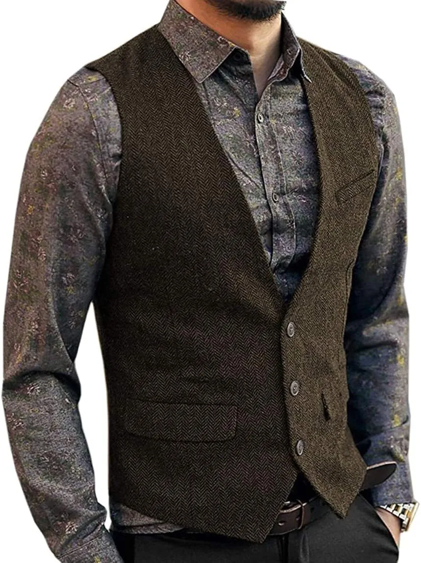 Men's Herringbone Tweed Wool Suit Vest Single Breasted Slim Fit Waistcoat Vest
