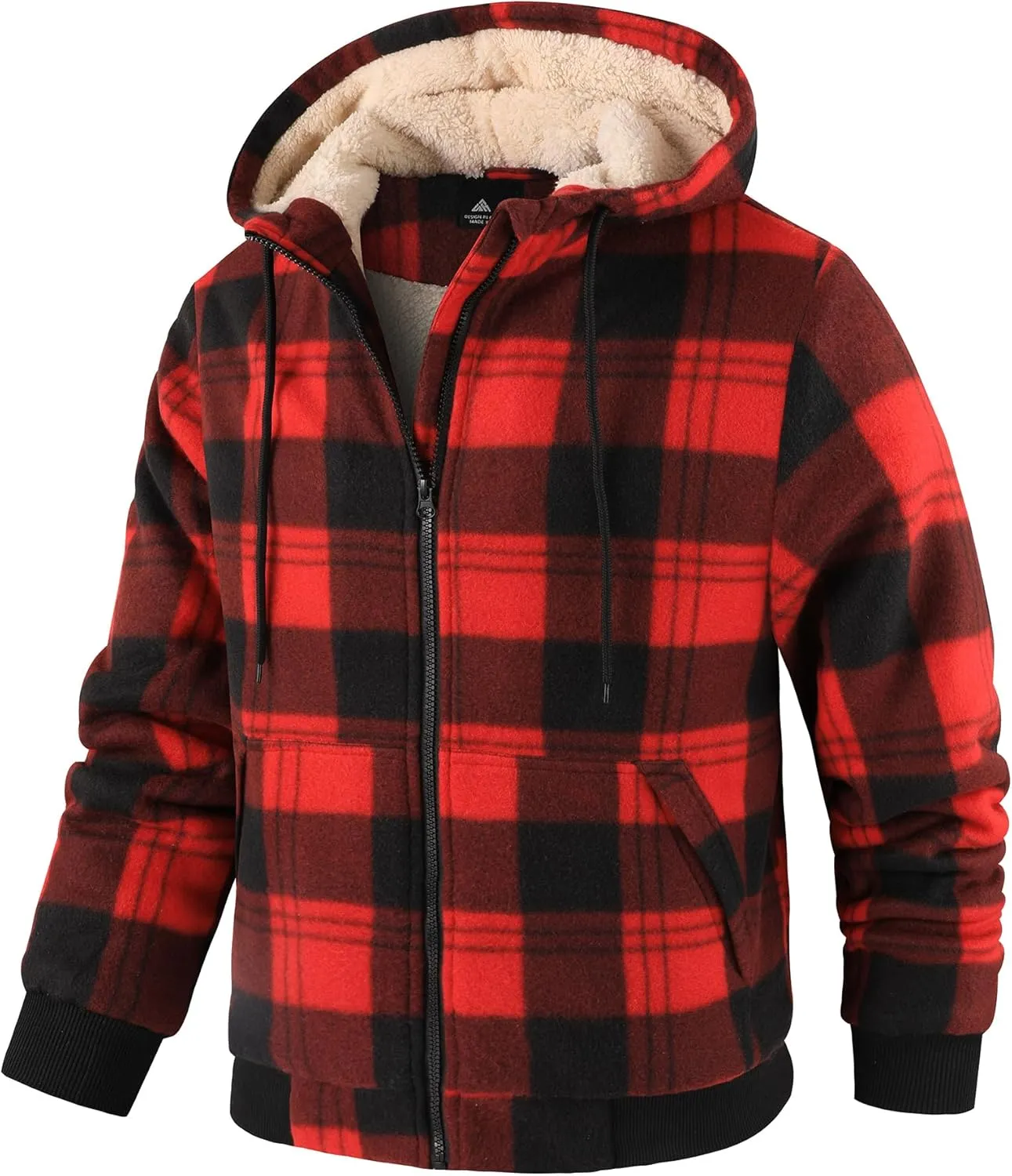 Mens Plaid Hoodies Winter Zip Up Fleece Jacket Sherpa Fleece Lined Warm Flannel Jacket Coat