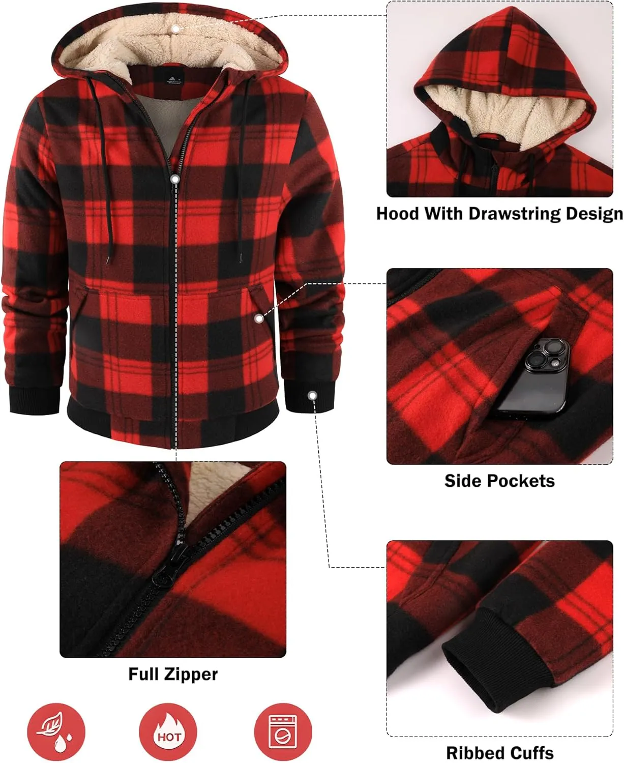 Mens Plaid Hoodies Winter Zip Up Fleece Jacket Sherpa Fleece Lined Warm Flannel Jacket Coat