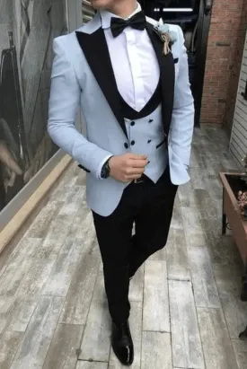 Men's Premium Sky Blue with Black Combination Designer 3 Piece Slim Fit Suit Bespoke Tailoring