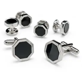 Octagon Black Onyx and Silver Cufflinks and Studs -Style #FS5897