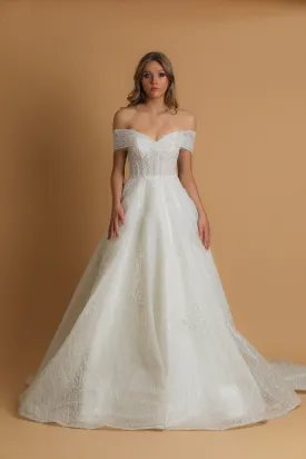Off the shoulder ballgown wedding dress with a corset back