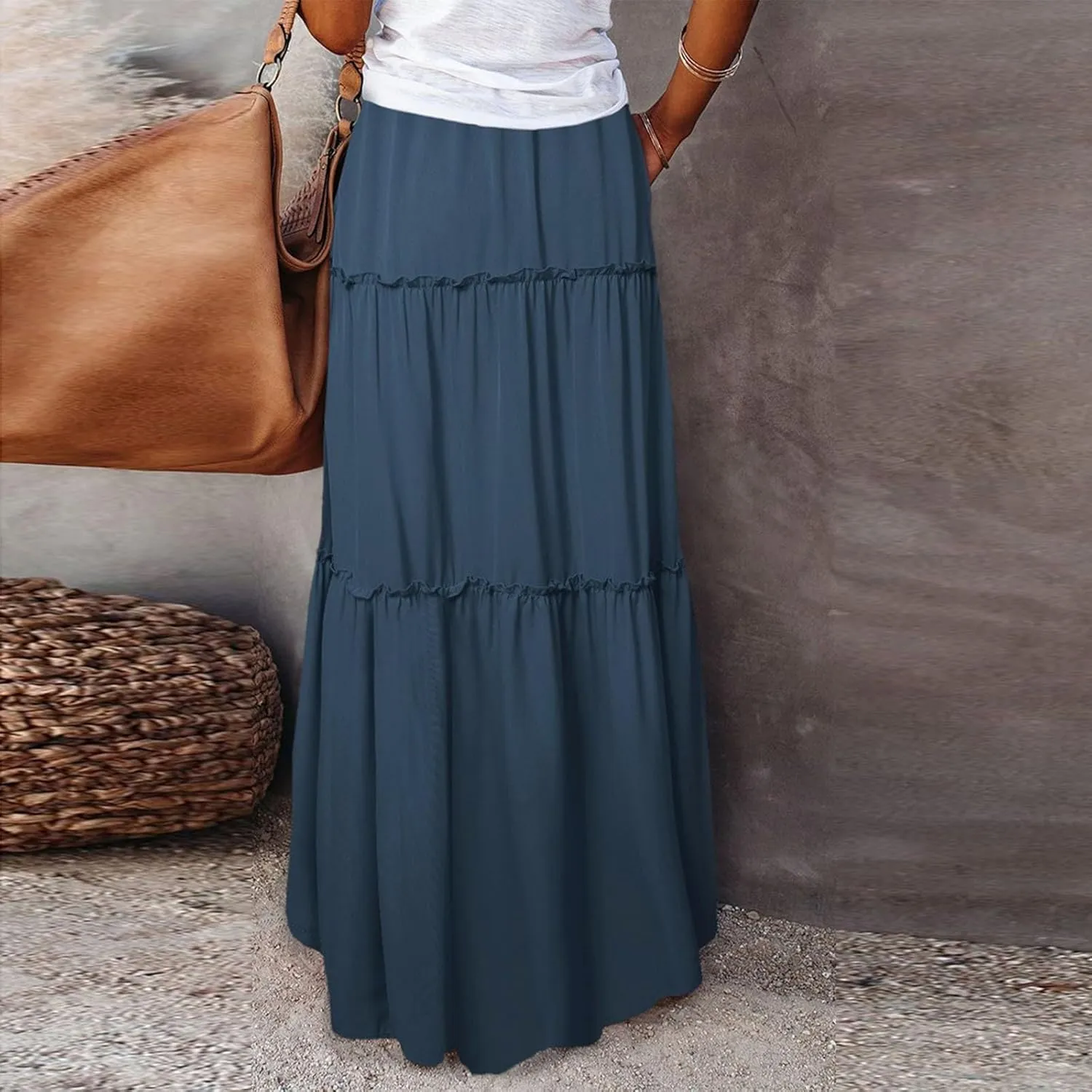 Pleated Maxi Skirts for Women Trendy Tiered Flowy Skirt Drawstring High Waisted Long Skirt A Line Ruffle Skirt