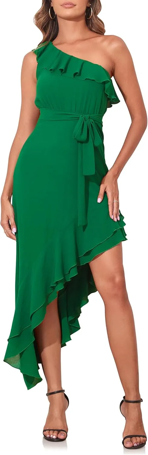 PrettyGuide Women's One Shoulder Maxi Summer Dress Belted Asymmetrical Ruffle Flowy Wedding Guest Dress