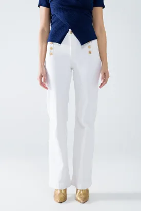 Straight Jeans With Gold Buttons At the Side in White