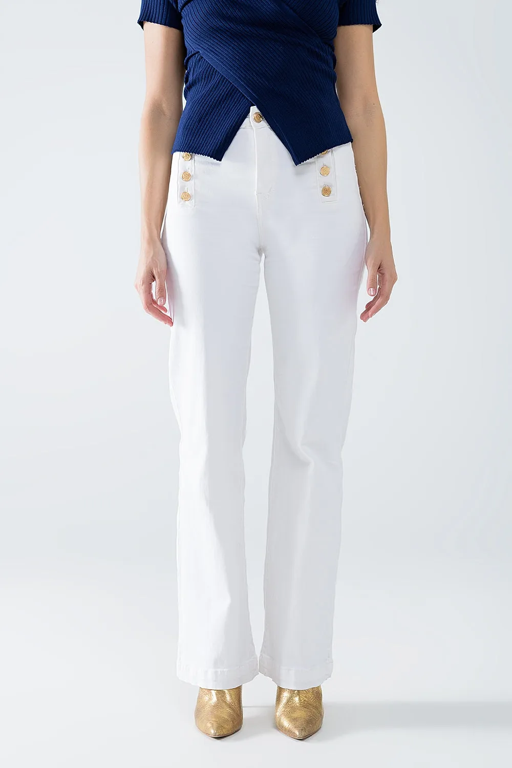 Straight Jeans With Gold Buttons At the Side in White