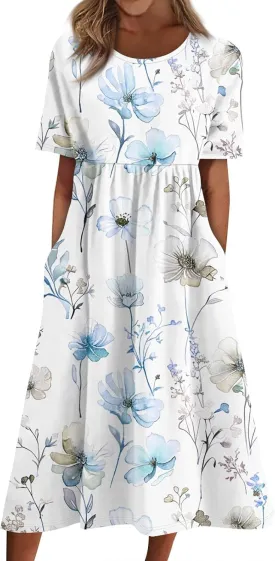 Summer Dresses for Women 2025 Casual Short Sleeve Scoop Neck Print Swing Beach Boho Tshirt Dress with Pockets