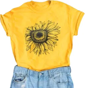 Sunflower Shirts for Women Cute Sunflower Graphic Print Tshirt Summer Casual Short Sleeve Tee Tops