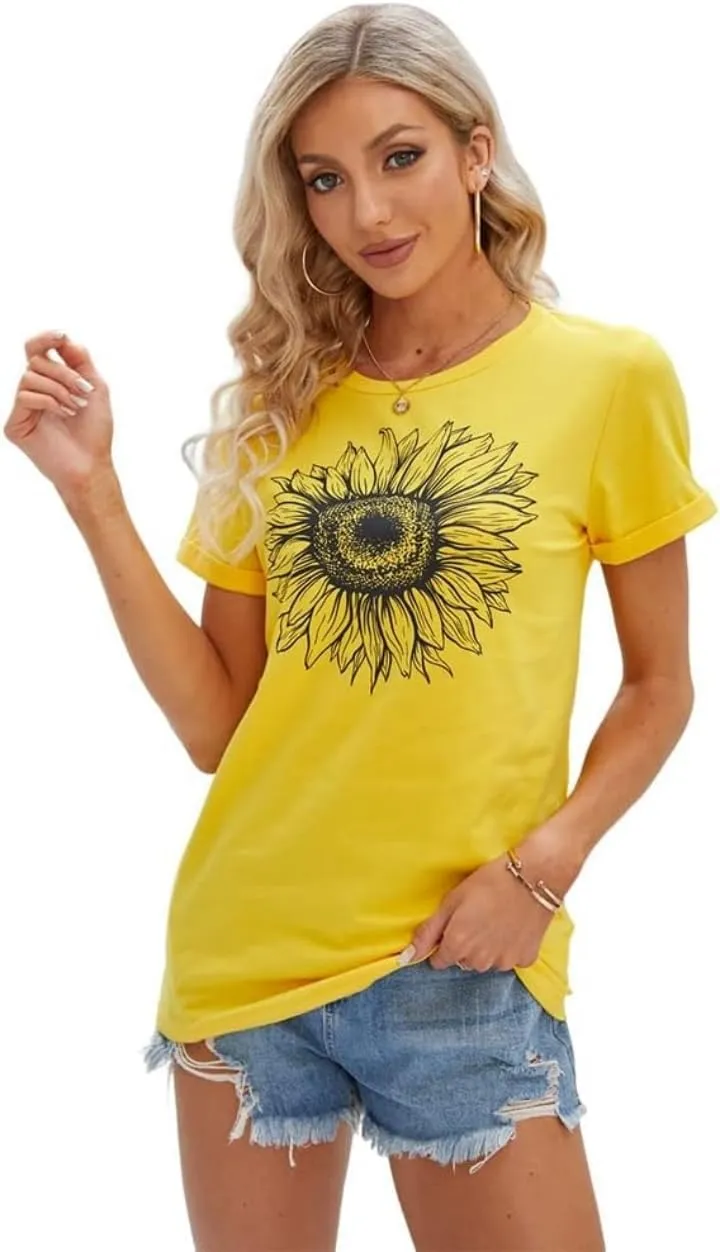 Sunflower Shirts for Women Cute Sunflower Graphic Print Tshirt Summer Casual Short Sleeve Tee Tops
