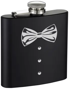 Tuxedo Bow Tie Etched Black 6oz Drinking Flask